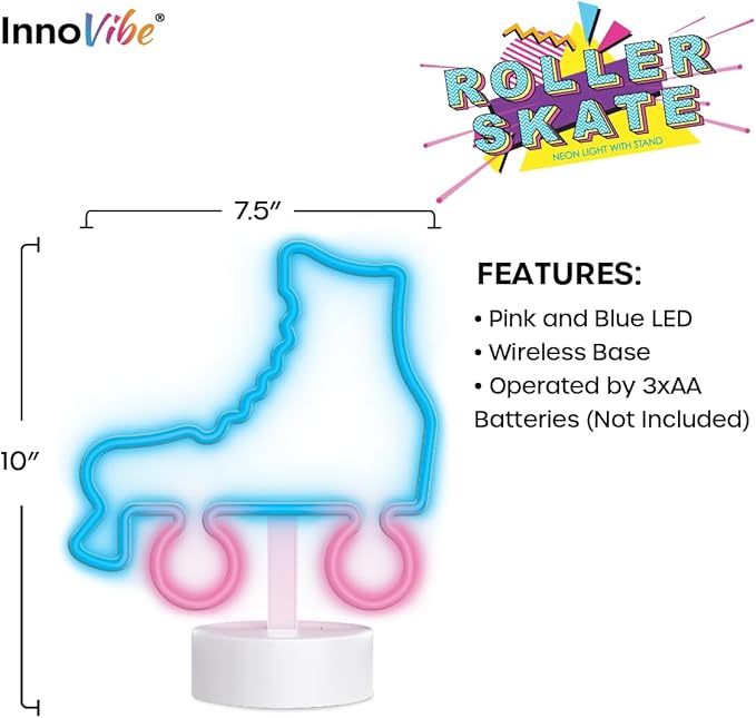Neon Desktop Roller Skate LED Light, 3AA Battery Powered, Festive Design, Holiday Gift, Room Decor, Birthday Gift for Kids and Adults, Neon Effect Desk Lamp