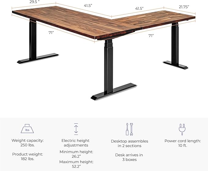 S STAND UP DESK STORE Triple Motor Electric L-Shaped Corner Standing Desk with EZ Assemble Frame (Black Frame/Solid Walnut Top, 71 inch W x 71 inch D)