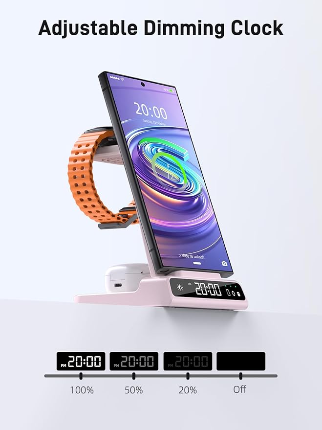Wireless Charger for Samsung Charging Station, 3 in 1 Android Phone Charger for Samsung Galaxy S25 Ultra/S24 Ultra/S23/Z Fold7/Flip7, Galaxy Watch 8/8 Classic/Ultra/7/6/5, Galaxy Buds 3 Pro/3(Pink)