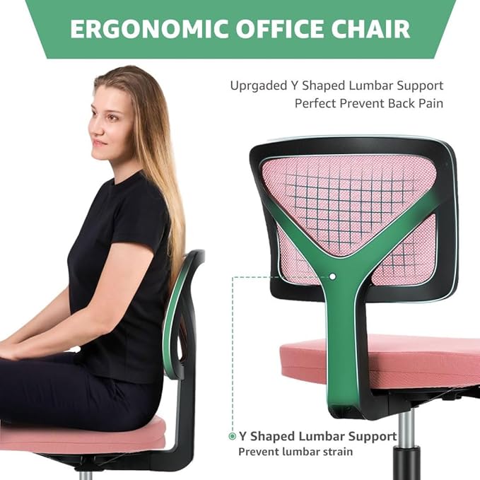Armless Mesh Office Chair, Ergonomic Low Back Deskchair, Adjustable Rolling Task Computer Swivelchairs for Small Spaces Home Bedroom Study, Pink