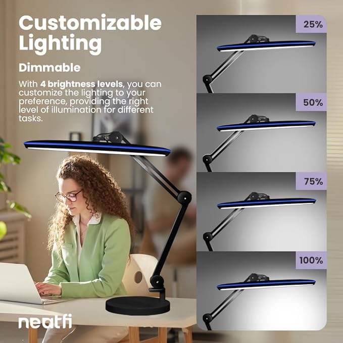 Neatfi XL 2,200 Lumens LED Task Lamp, 24W, 117 Pcs SMD LED, 23 Inches Ultra Wide Lamp, 4 Level Brightness Dimmable, Eye-Caring Light, Glare Free (Non-CCT with Base, Black)