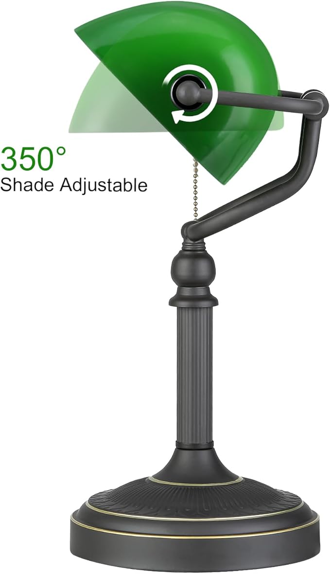 Newrays Antique Green Glass Bankers Desk Lamp with Pull Chain Switch Plug in Fixture