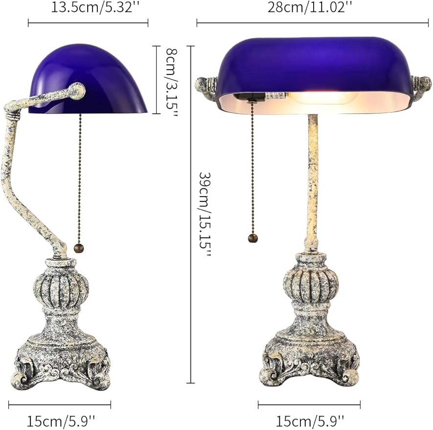 Newrays Retro Blue Glass Bankers Desk Lamp for Home Office,Library with Pull Chain Switch Plug in Fixture, LED Bulb Included