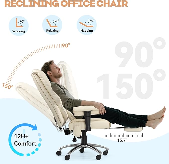 Massage & Heated Office Chair with Foot Rest, Ergonomic Executive Office Chair with Reclining Backrest, Adjustable Arms and Lumbar Support, High Back Leather Desk Chairs for Home Office, Beige