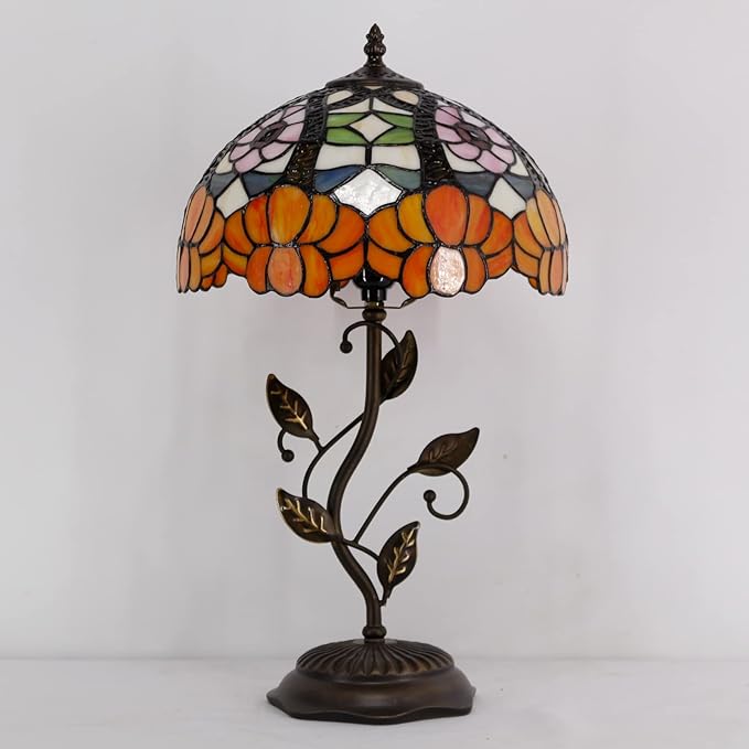 Tiffany Lamp Orange Flower Stained Glass Table Lamp Desk Bedside Reading Light 12X12X19 Inches with Metal Leaf Base Decor Bedroom Living Room