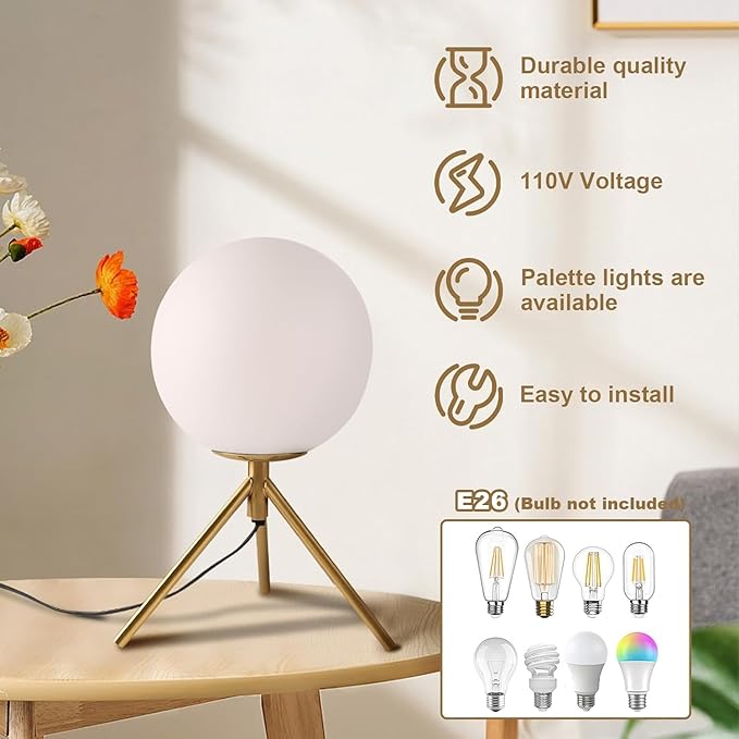 Gold Table Lamps Set of 2, Mid Century Modern Globe Desk Lamp with Milk White Glass Shade Metal Tripod Base, Vintage Bedside Lamp Small Round Table Lamps for Bedroom Living Room Study