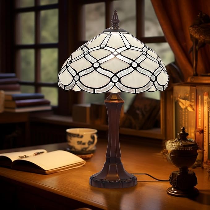 Tiffany Table Lamp,White Stained Glass Table Light,Antique Style Medium Size Desk Lamp Vintage Beside Reading Lamp for Living Room Bedroom Office