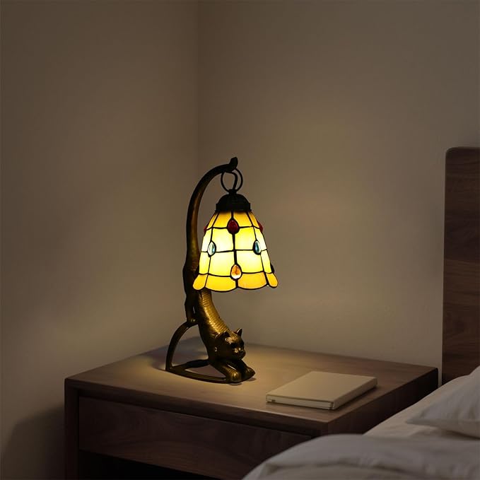 Tiffany Style Table Lamp, Stained Glass Bedside Nightstand Lamps with Cat Base, Vintage Antique Small Desk Light for Bedroom Living Room Home Office Reading Decoration, 5.9x15.74in (Style 2)