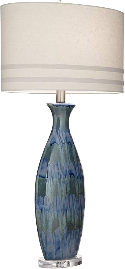 Possini Euro Design Annette Modern Style 3-Way Table Lamp with Table Top Dimmer 38" Tall Blue Drip Ceramic Off White Fabric Oval Shade Decor for Living Room Bedroom House Bedside Home