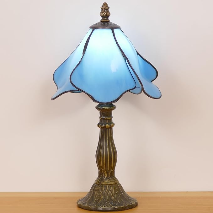Small Tiffany Lamp Mini Stained Glass Table Lamp Bedside Accent Lamp Memory Sympathy 8X14.5 Inch (Blue)