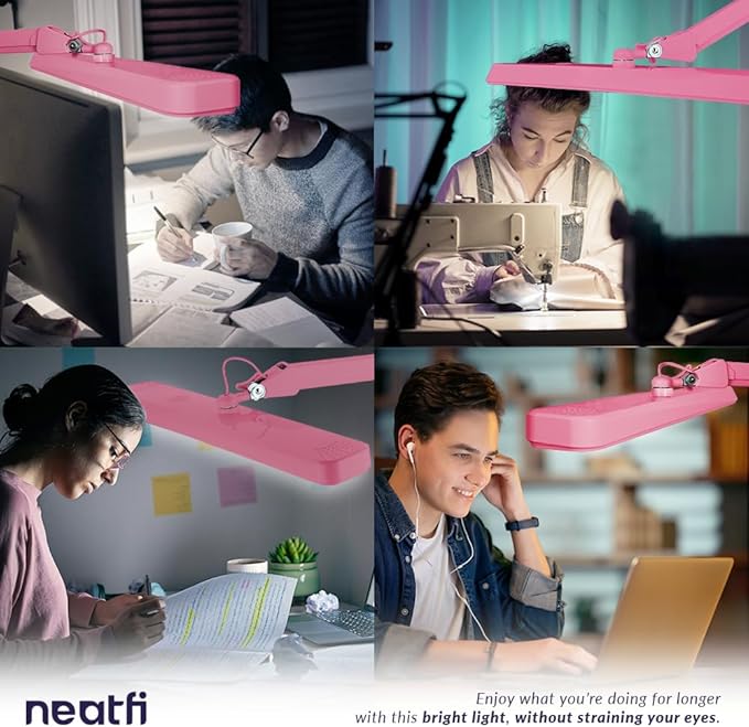 Neatfi XL 2,500 Lumens LED Task Lamp, 22 Inches Wide, 30W, 162 Pcs SMD LED, Eye-Caring, Desk Light with Clamp for Home, Office, and Study Room (Non-CCT, Pink)