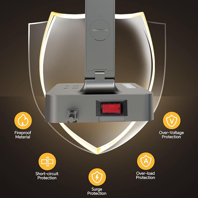 Power Strip with LED Desk Lamp, 2 Outlets 1 USB-A Ports 1 Type-C Ports, Small Desk Lamp with Surge Protection and Led Display, 5ft Extension Cord, 5 Color Modes 5 Brightness, Dorm Room Essentials