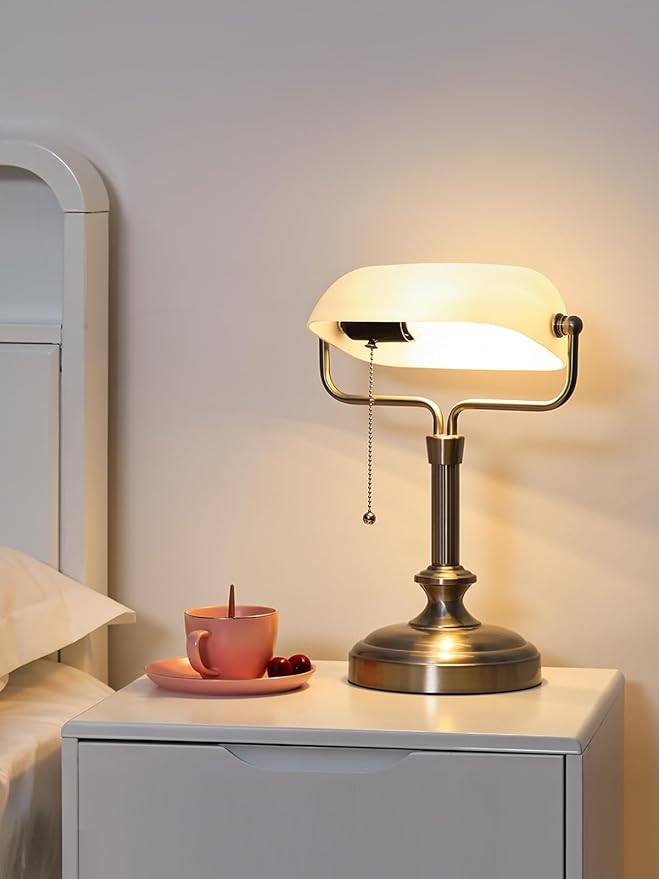 Traditional Banker's Desk Lamp with Glass Shade,Pull Chain Switch, LED Bulb Included (Satin Nickle+White)