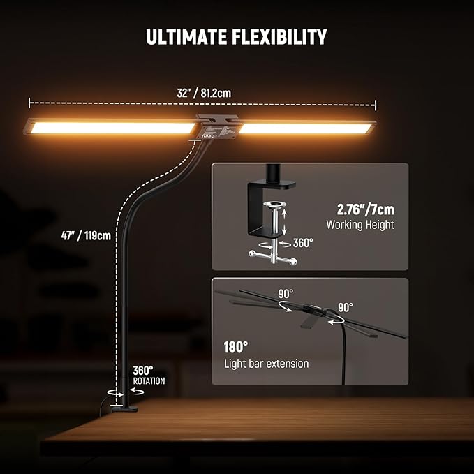 NEEWER Entry Level Version 32" LED Desk Clamp Lamp for Home Office & Dorm, 20W Dual Computer Monitor Architect Light Bar, Flexible Overhead 2200lux/Remote/5 Modes CRI80+ for Designer Drafting, N21