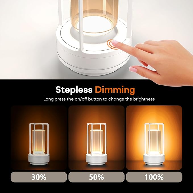 Portable Outdoor Table Lamp, Cordless Dimmable Touch Table Light, Rechargeable Battery Operated Small Lamp with 3 Colors and Brightness Control for Bedroom/Patio/Camping/Bar/Coffee Shop (White)