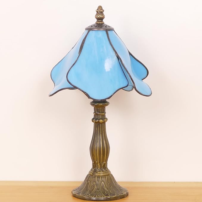Small Tiffany Lamp Mini Stained Glass Table Lamp Bedside Accent Lamp Memory Sympathy 8X14.5 Inch (Blue)