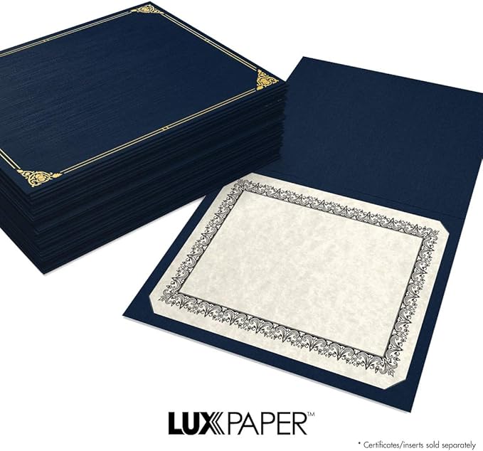LUXPaper 9.5" x 12" Certificate Holders | Nautical Blue Linen | Embossed Silver Foil Floral Border | 100lb. Cover | 250 Qty