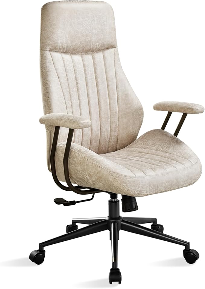 ovios Ergonomic High Back Office Chair, Mid-Century Modern Faux Suede Leather Chair with Padded Armrests, Comfy Executive Computer Task Swivel Rolling Chairs, Beige