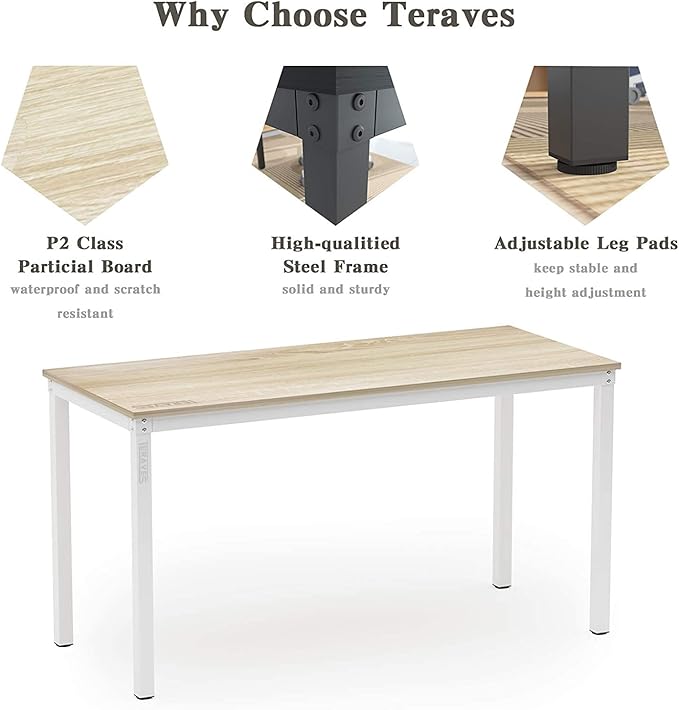 Teraves Computer Desk/Dining Table Office Desk Sturdy Writing Workstation for Home Office(55.11“, Beige + White Frame)