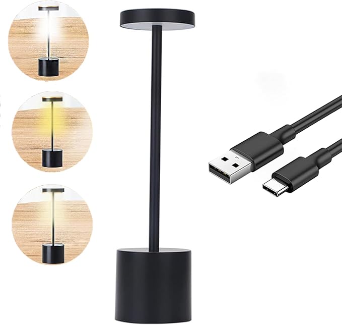 MIOBLUE Cordless Table Lamp, Rechargeable Table LampLED Touch Light,3 Color Stepless Dimmable Battery Powered Lamp, Usage for Table Light for Dinner/Patio/Restaurant/Bedroom.(Black)