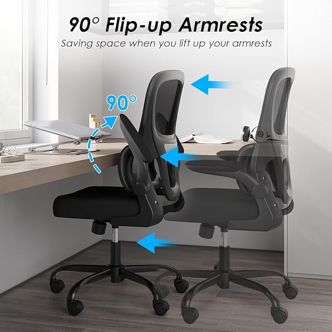 Soohow Office Chair, Mesh Ergonomic Office Chair with Lumbar Support, Comfy Computer Desk Chair with Flip Armrest Rolling Wheels for Home Study Room Office, Black & Black
