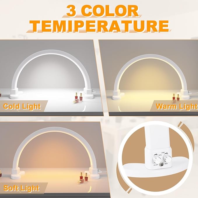 Super Bright Half Moon Light for Nail Desk, Upgrade Nail Lamp for Desk with Stepless Dimming, Half Moon Desk Lamp 3 Color Temperature