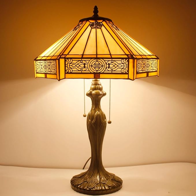 WERFACTORY Tiffany Table Lamp Yellow Hexagon Stained Glass Bedside Lamp Mission 16X16X24 Inches Desk Reading Light Metal Base Decor Bedroom Living Room Home Office S011 Series