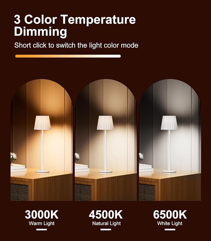 Desk Lamp, LED Cordless Table Lamp for Bedroom Dimmable 1500mAh Rechargeable Battery Powered Bedside Lamps Night Light for Bedroom/Living Room/Restaurant/Outdoor Parties Touch Control