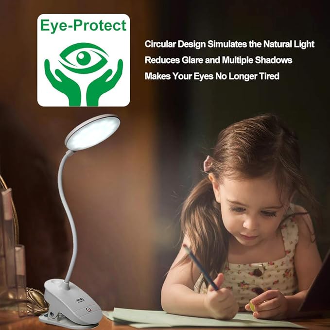 Miady 2 Pack Clip on Lamp,Battery Powered Reading Light,Clamp for Bed with 3 Brightness Level,USB Rechargeable