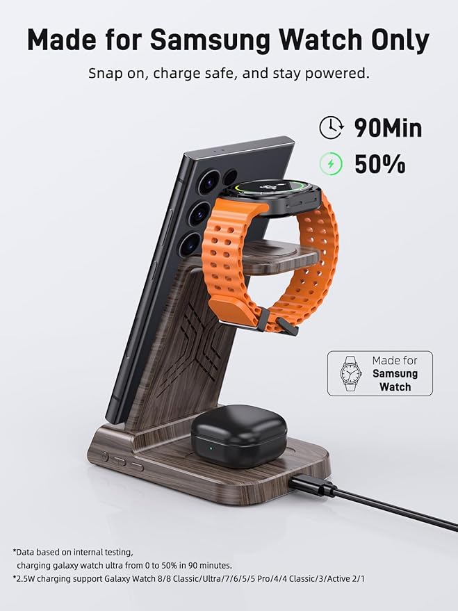 Wireless Charger for Samsung Charging Station, 3 in 1 Android Phone Charger for Samsung Galaxy S25 Ultra/S24 Ultra/S23/Z Fold7/Flip7, Galaxy Watch 8/8 Classic/Ultra/7/6/5, Galaxy Buds 3 Pro/3