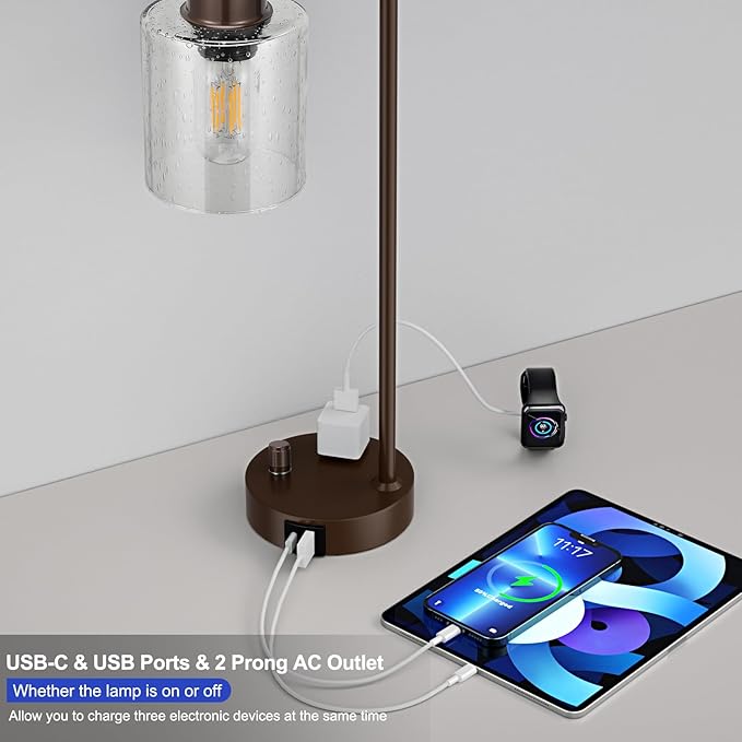 Innqoo Brown Industrial Bedside Table Lamp for Bedroom - Nightstand Lamps with USB C Charging Port, Fully Dimmable Black Ports and Outlets, Small Desk Glass Shade Office Living Room