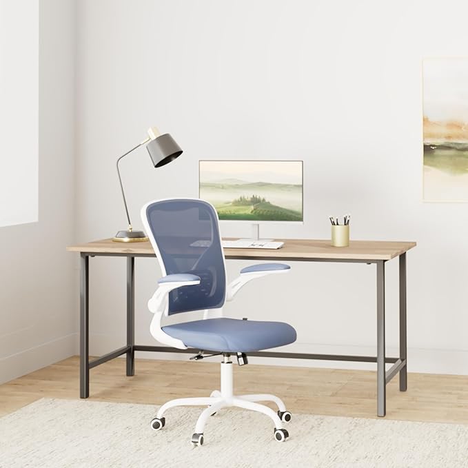 Flysky Ergonomic Office Chair, Mesh Home Office Desk Chair with Flip-up Arms and Lumbar Support, Height Adjustable, Swivel, White & Blue
