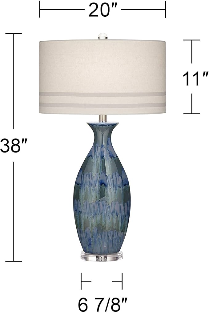 Possini Euro Design Annette Modern Style 3-Way Table Lamp with Table Top Dimmer 38" Tall Blue Drip Ceramic Off White Fabric Oval Shade Decor for Living Room Bedroom House Bedside Home