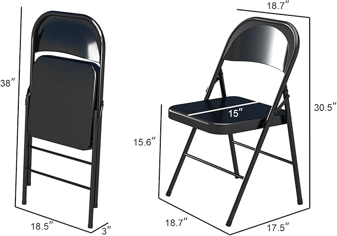 Metal Folding Chairs Steel Frame with Double Hinged for Office Kitchen Dinning Wedding Patio and Garden,No Assembly, Set of 4, Black
