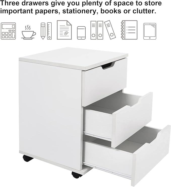 Farini 3-Drawer Vertical Filing Cabinet Rolling Wood Mobile File Cabinets Under Desk for Home Office with Casters (White, Non-Assembled)