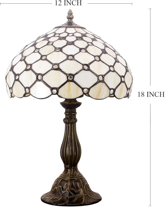 WERFACTORY Tiffany Lamp Cream Amber Stained Glass Bead Table Lamp Desk Bedside Reading Light 12X12X18 Inches Deco Bedroom Living Room Home Office S005 Series