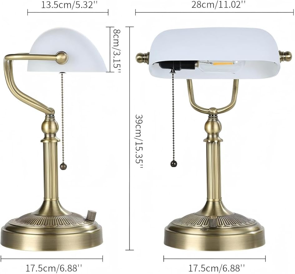 Newrays White Matted Glass Bankers Desk Lamp, Stepless Dimmable Table Lamp Plug in Fixture for Study, Home Office,Library, LED Bulb Included