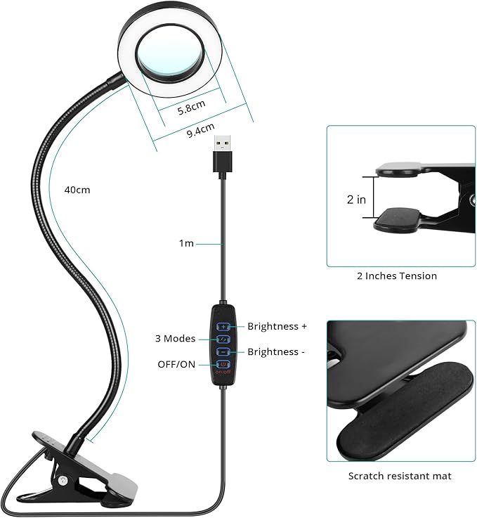 5X Magnifying Glass Desk Lamp with Clamp, 10 Brightness Levels, 3 Color Modes, 5V/2A Adapter Included – Clip Light for Reading, Crafting, Painting, Close Work (Black)