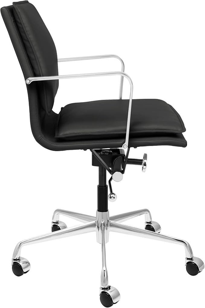 Laura Davidson Furniture Lexi II Padded Office Chair - Mid Back Desk Chair with Arm Rest, Swivel & Cushion Availability, Made of Faux Leather, Black, Computer Chair