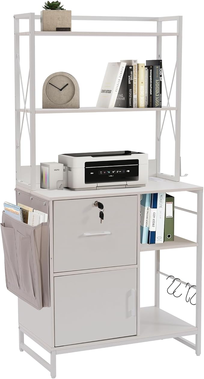 Vertical File Cabinet,Filing Cabinet with Shelves,Charging Station,Hanging Pouch and Hooks,Vertical Filing Cabinet Fits Letter/A4/Legal Size (White)