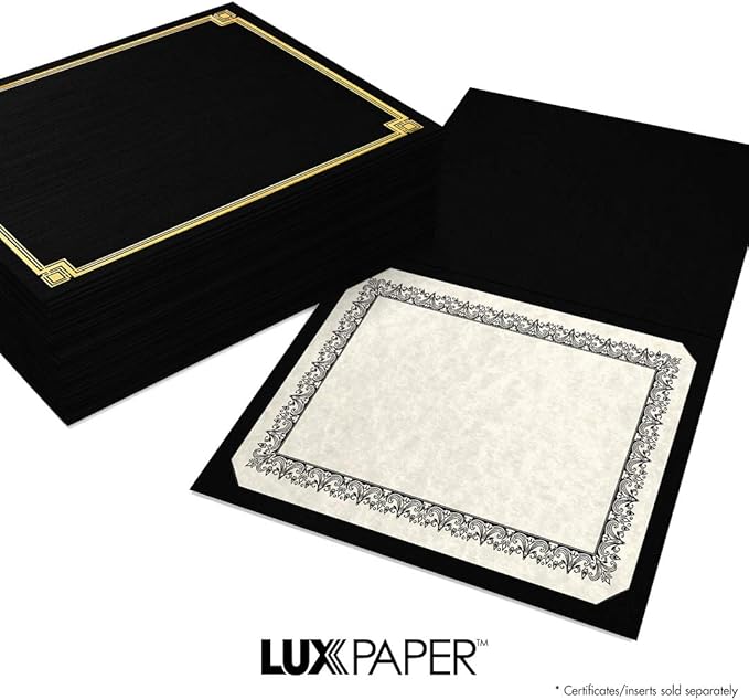 LUXPaper 9.5" x 12" Certificate Holders | Black Linen | Embossed Gold Foil Border | 100lb. Cover | 50 Qty