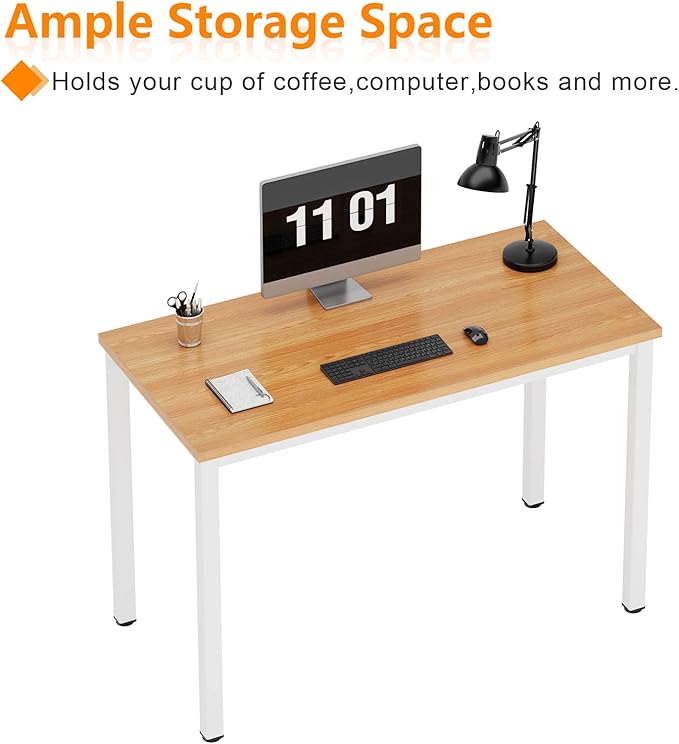 Need Small Desk, 39.4 inches Sturdy Writing Desk for Small Spaces, Small Computer Desk Teens Desk Study Table Laptop Desk Home Ofice Desk, White Metal Frame, Teak