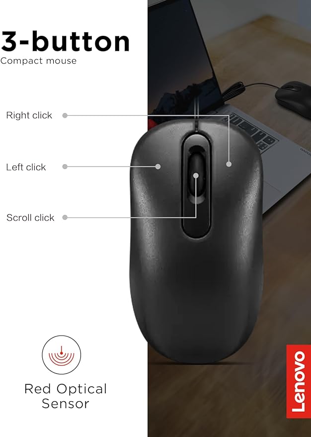 Lenovo 100 Wired USB Computer Mouse for PC, Laptop, Computer with Windows - Full-Size - Ambidextrous Design - 3 Buttons - Red Optical Sensor – Black
