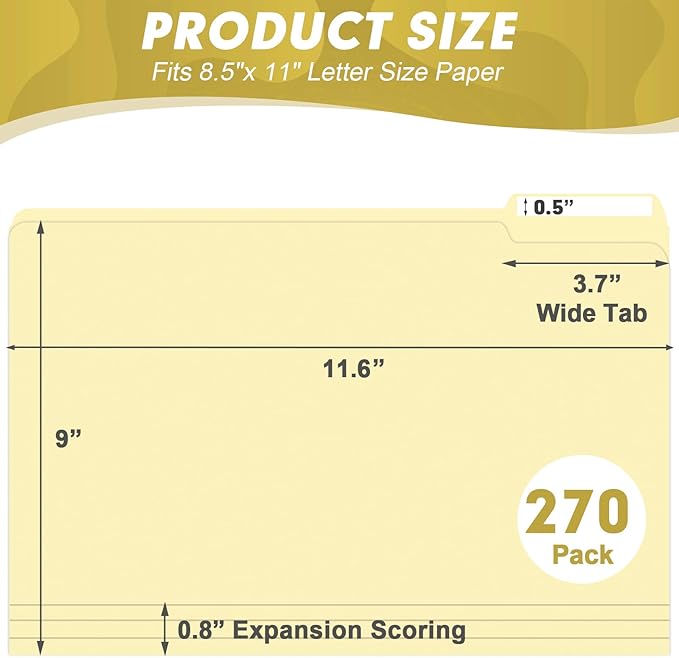 Manila Folders, HERKKA 270 Pack 1/3 Cut Tab File Folders, Manila Folders 8.5 x 11 Designed for Office and Classroom Use, Letter Size