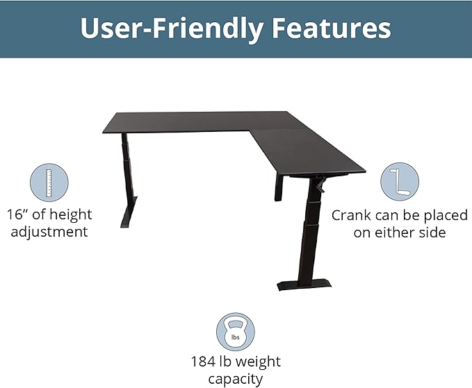 Stand Up Desk Store Crank Adjustable Height L-Shaped Standing Desk with Steel Frame (Black Frame/Black Top, 72" Wide)