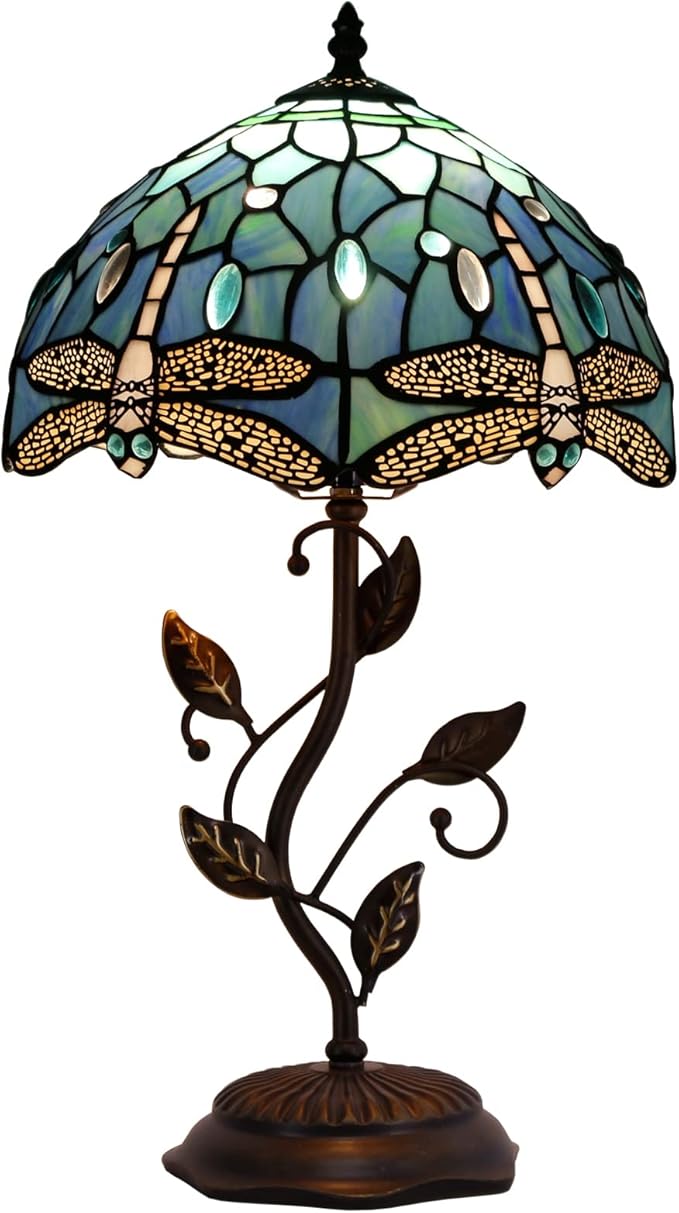 Tiffany Lamp Blue Dragonfly Style Stained Glass Table Lamp Desk Bedside Reading Light 12X12X19 Inches with Metal Leaf Base Decor Bedroom Living Room