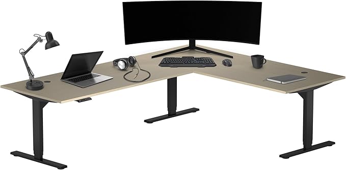 Progressive Desk Stand Up Height Adjustable Standing Desk - L Shaped 85" x 72" Corner Computer Rising Workstation Electric Table - Bright Beech, Black Frame