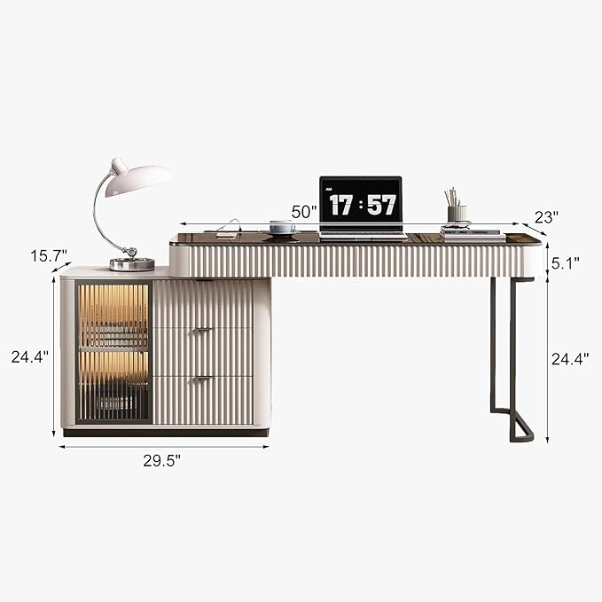 Lartis Office Desk, Very Easy to Assemble, Computer Desk, Home Telescopic Writing Desk, Modern Computer Desk with Retractable Cabinet Built-in LED Lights (Ivory, 50 in)
