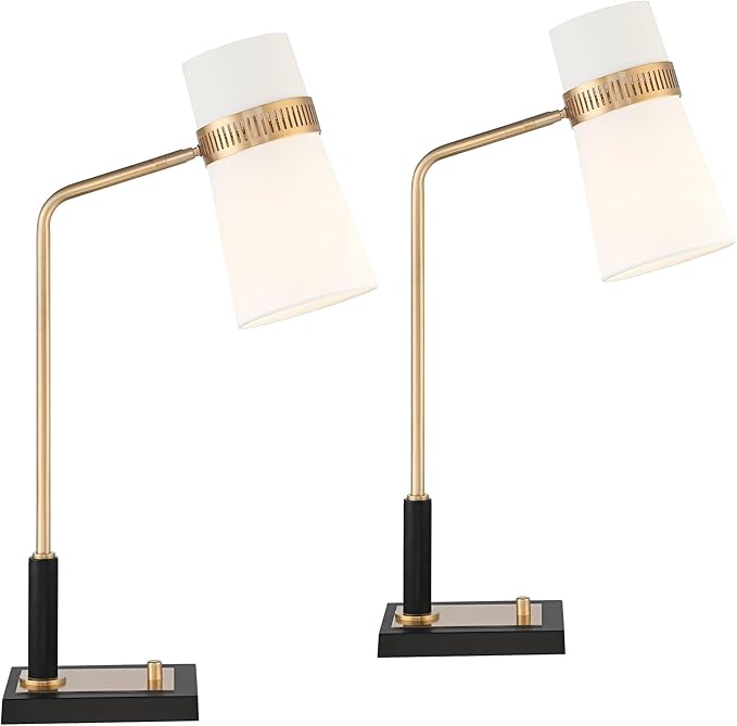 Possini Euro Design Cartwright 32" Tall Large Modern Glam Luxe Desk Lamps Set of 2 USB Port Black Gold Brass Finish Metal White Shade Home Office Living Room Charging Bedroom Bedside Nightstand