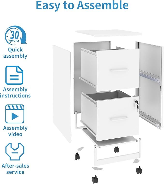 2 Drawer File Cabinet with Lock,Small Rolling Metal Office Storage Mobile Filing Cabinet Under Desk,Vertical Locking File Cabinets with Wheels for Home Office,Legal Required Assembly,White